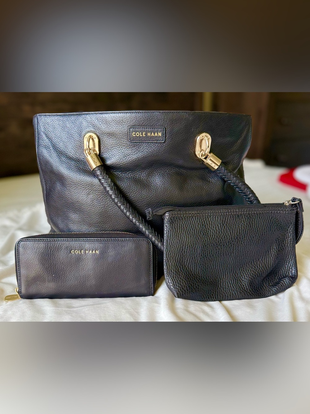 Cole Haan Black Leather Tote with Braided Handles, Wristlet and Wallet